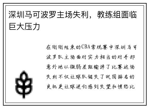深圳马可波罗主场失利,教练组面临巨大压力